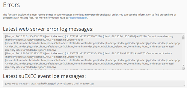 cPanel Metrics Error Logs